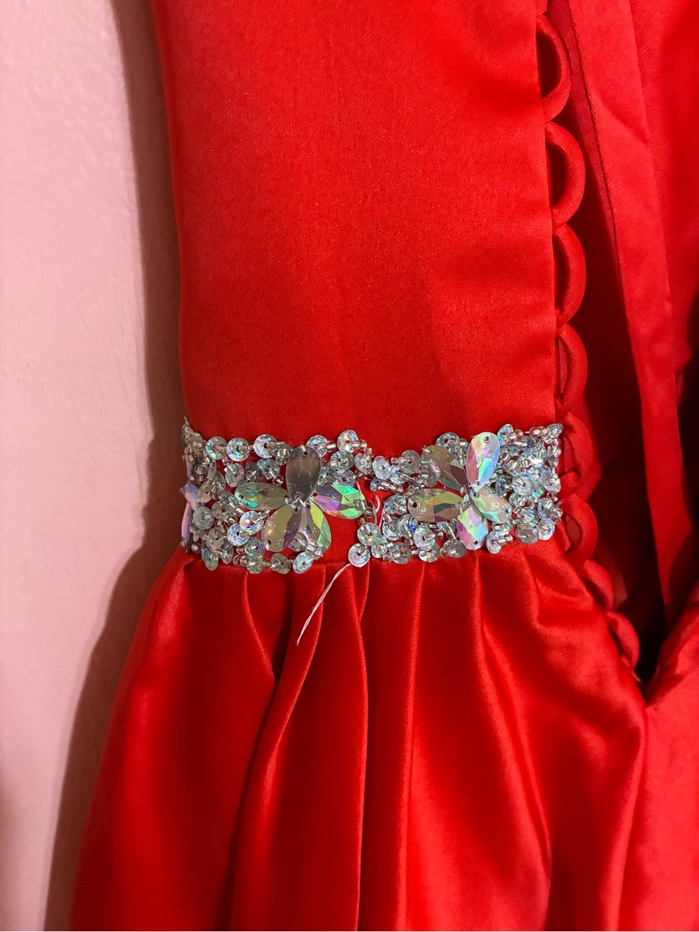 Red Satin Girls' Formal Gown with Embellished Belt and Cap Sleeves - Picture 6 of 7